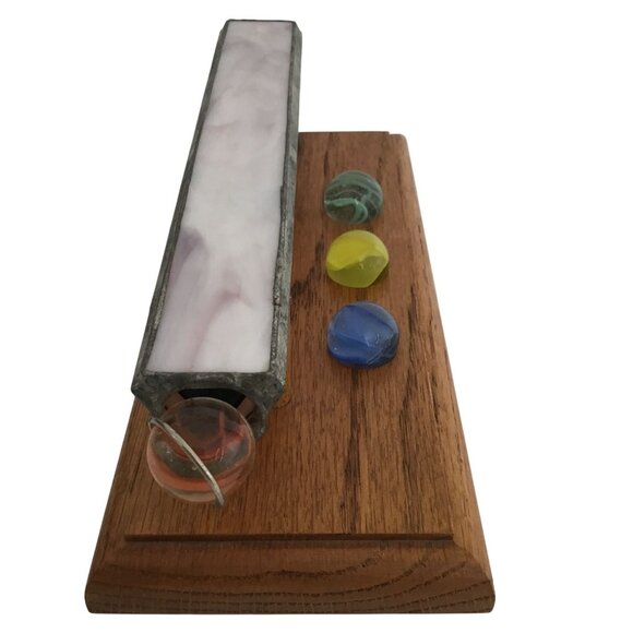 Vintage Stained Glass Kaleidoscope Toy Art Glass Marbles on Oak Wood Stand 9x4 - Picture 2 of 11